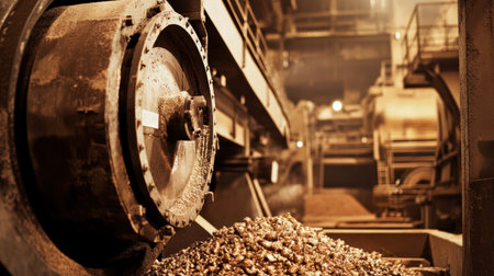 This image captures an industrial manufacturing environment featuring machinery, a conveyor belt, and a heap of metal scrap material, showcasing production intensity.の素材