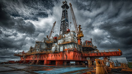 A striking image of an industrial oil rig under a dramatic stormy sky, showcasing heavy machinery and intricate structures against a moody background.の素材
