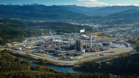 Stunning aerial perspective of a vast industrial complex nestled between mountains and a river, showcasing advanced technology and production facilities.の素材