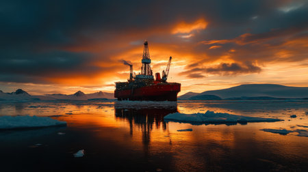 A breathtaking view of an oil rig standing tall against a vibrant sunset over Arctic waters, surrounded by floating ice and offering a serene industrial landscape.の素材
