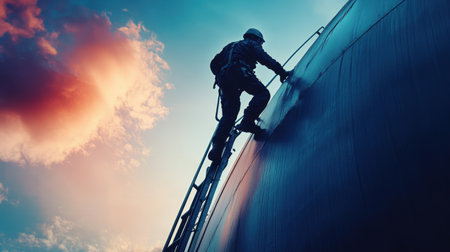 A soldier climbs the side of an industrial tank during a stunning sunset, showcasing determination and courage against a vibrant sky filled with clouds.の素材