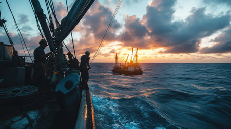 A serene moment unfolds as fishermen aboard a boat watch a distant vessel against a vibrant sunset, capturing the essence of maritime life and adventure.の素材