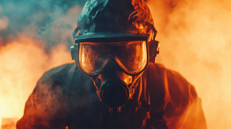 This striking image captures a firefighter clad in protective gear, poised amidst swirling smoke and fire. The dramatic lighting enhances the intensity of the scene, emphasizing heroism and bravery in emergency situations.の素材