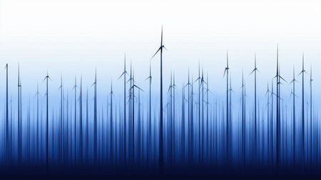 This abstract landscape features silhouettes of wind turbines against a gradient of blue and white, symbolizing renewable energy and modern technology.の素材