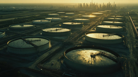 This stunning aerial image captures oil storage tanks reflecting sunset light, framed by an industrial skyline, depicting energy production and infrastructure.の素材