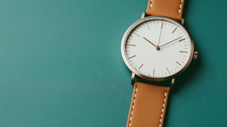 This image displays an elegant minimalist watch with a classic design, featuring a white dial and a stylish leather strap against a teal backdrop.の素材