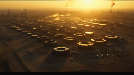 Dramatic aerial view showcasing a vast array of oil storage tanks set against a stunning sunset in a desert environment, highlighting industrial activity.の素材