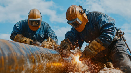 Two skilled workers engage in welding a large metal pipe, showcasing teamwork and precision under a bright sky. Protective gear and sparks illustrate the industrial setting.の素材