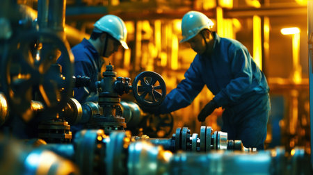 Two workers in protective gear operate valves in a brightly illuminated industrial plant, showcasing teamwork and safety in a machinery setting.の素材