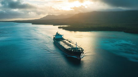 Aerial view of a large cargo ship gracefully moving through calm waters during sunset, framed by stunning hills and a serene sky, showcasing the beauty of maritime transport.の素材