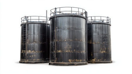 This image showcases three industrial storage tanks with weathered black metal surfaces, presenting a stark visual against a white background.の素材