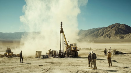 Heavy machinery operates in a dusty desert landscape with workers overseeing the drilling process, set against majestic mountain scenery.の素材