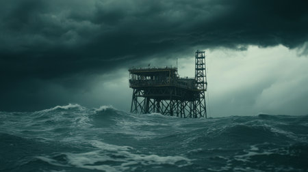 A dramatic offshore oil platform stands resilient amidst dark storm clouds and tumultuous waves, symbolizing the challenges of maritime energy exploration.の素材
