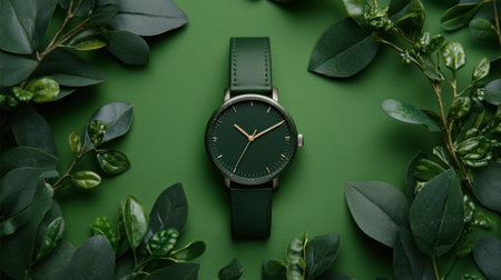 This image showcases an elegant green watch elegantly placed amidst fresh green leaves, all set against a bold green background. Ideal for lifestyle themes.の素材
