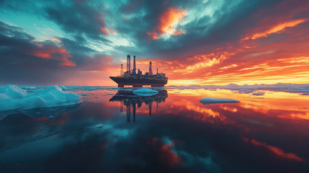 This stunning image captures a dramatic sunset over an oil rig stationed in arctic waters, surrounded by floating icebergs. The colorful sky reflects beautifully in the calm ocean, enhancing the serene yet industrial atmosphere.の素材
