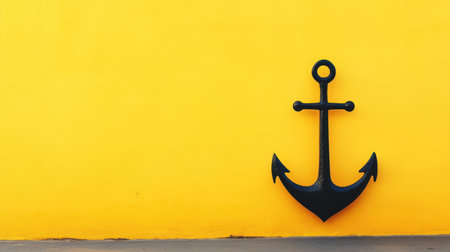 A striking black anchor stands out against a vibrant yellow wall, creating a stunning visual contrast. This image symbolizes stability and marine themes, ideal for decor inspiration.の素材