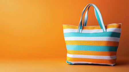 This image features a colorful striped beach tote bag resting against a vibrant orange background, perfect for summer outings and stylish adventures.の素材