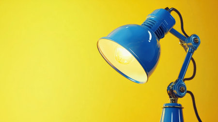 This captivating image features a bright blue desk lamp emitting warm light, set against a vibrant yellow background. Ideal for modern interior design concepts.の素材