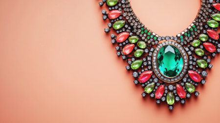 This stunning statement necklace features a vibrant array of colorful gemstones set against a soft background, showcasing intricate craftsmanship and elegant design.の素材