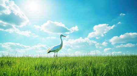 A graceful crane stands in vibrant green grass, illuminated by sunlight beneath a bright blue sky adorned with fluffy white clouds, symbolizing serenity.の素材