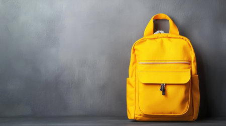 A bright yellow school backpack displayed against a textured gray background, showcasing its stylish design and practical features. Ideal for students.の素材