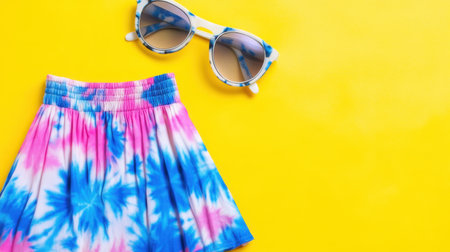 Vibrant tie-dye skirt paired with stylish sunglasses against a sunny yellow backdrop. Ideal for showcasing summer fashion trends and cheerful outfits.の素材