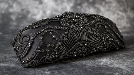 This exquisite black clutch purse features intricate beadwork and embellishments, perfect for adding a touch of elegance to any evening outfit.の素材