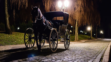 An enchanting scene of a solitary horse-drawn carriage resting on a cobblestone pathway illuminated by soft streetlights, evoking a sense of nostalgia and romance.の素材