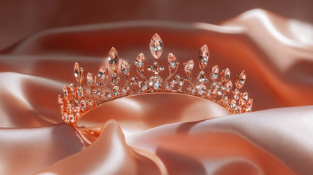 This stunning tiara features intricate detailing and sparkling crystals, elegantly placed on a soft pastel fabric, perfect for capturing the essence of beauty and luxury.の素材