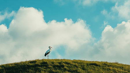 A solitary stork gracefully stands atop a lush green hill, framed by a vibrant blue sky dotted with fluffy white clouds, embodying peace in nature.の素材