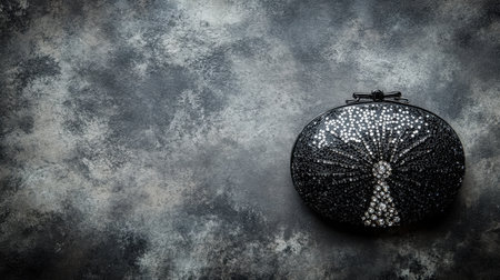 This elegant black clutch embellished with sparkling rhinestones stands out against a textured grey background, perfect for fashion accessories photography.の素材