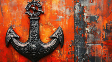 This striking image features a vintage anchor, beautifully crafted and displayed against a backdrop of distressed, rusty textures. The bold colors and intricate design make it ideal for marine-themed decor and artistic projects.の素材