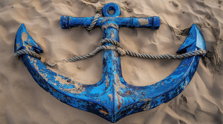 Captivating image of a weathered blue anchor resting on soft sandy beach, showcasing its rustic charm amidst nature's beauty, perfect for outdoor themes.の素材