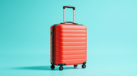 Vibrant red hard shell suitcase stands prominently against a solid turquoise background, perfect for travel enthusiasts and wanderers planning their next adventure.の素材
