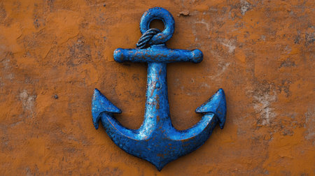 A striking blue anchor decoration is mounted on a textured orange wall, perfect for adding a touch of maritime charm and artistic flair to any interior design.の素材