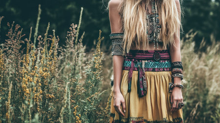 A stunning young woman showcases her bohemian style surrounded by a vibrant field of wildflowers, embodying freedom and natural beauty amidst lush greenery.の素材