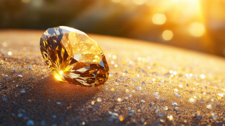 A stunning close-up of a sparkling diamond on a soft sandy surface, illuminated by warm natural light. Soft bokeh creates a luxurious atmosphere.の素材