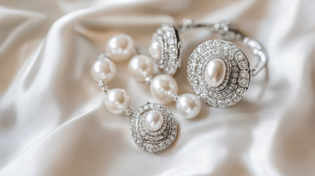 This exquisite set of pearl jewelry features a delicate necklace and earrings with intricate designs, showcased on a luxurious satin fabric background.の素材