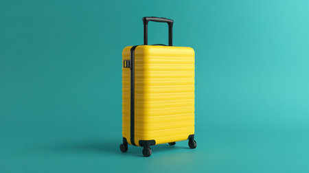 This bright yellow suitcase offers a contemporary design against a vibrant teal background, perfect for representing travel, adventure, and stylish journeys.の素材