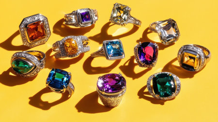 A stunning arrangement of colorful gemstone rings showcased on a bright yellow backdrop, highlighting the intricate designs and sparkling details of each piece.の素材