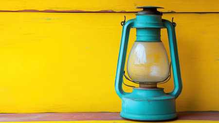 This vintage turquoise lantern sits against a bright yellow wooden background, creating a rustic and charming atmosphere. Perfect for decor and photography.の素材