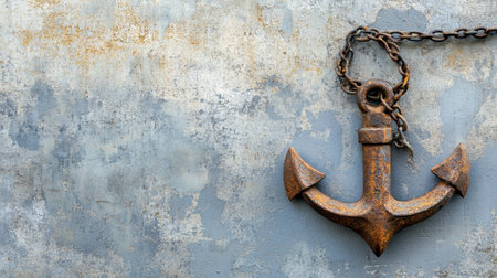 A rustic anchor hangs from a chain against a beautifully textured gray wall. The weathered metal and faded colors evoke a sense of maritime history and classic nautical charm.の素材
