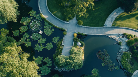 This stunning aerial view showcases a serene garden pond enveloped by lush greenery and a winding walking path, inviting relaxation and reflection.の素材