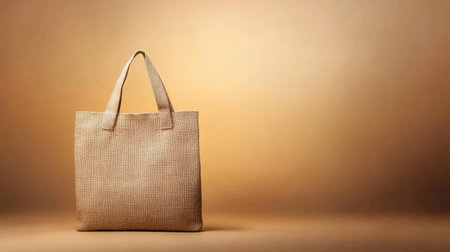 A stylish brown woven tote bag set against a smooth gradient background of warm golden tones. Ideal for those seeking minimalist fashion and eco-friendly accessories.の素材