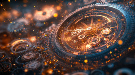 Captivating steampunk clock mechanism featuring intricate gears and a warm glow, creating a mesmerizing ambiance that highlights craftsmanship and artistry.の素材