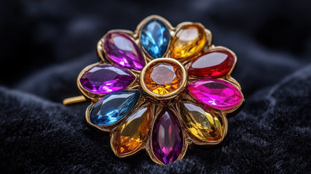 This stunning floral brooch features vibrant gemstones set in a gold frame, showcasing intricate design and luxurious elegance, perfect for any outfit.の素材