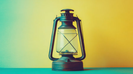 This vintage oil lantern features a rustic design set against a colorful gradient background, creating a warm, inviting atmosphere perfect for home decor ideas.の素材