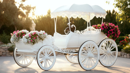 A stunning white horse carriage adorned with vibrant floral arrangements sits gracefully in a serene garden, illuminated by soft golden light, perfect for events.の素材
