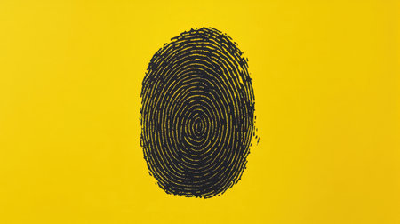 This striking image features a unique fingerprint design against a bright yellow background, symbolizing individuality and modern expression in visual art.の素材