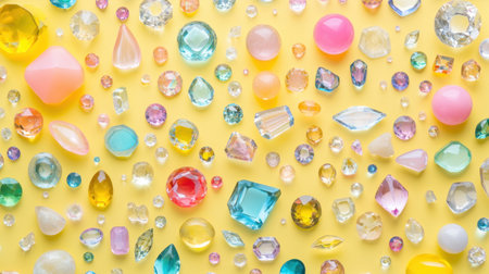 An artistic arrangement of colorful gemstones and crystals on a bright yellow background, perfect for design projects or creative inspiration.の素材